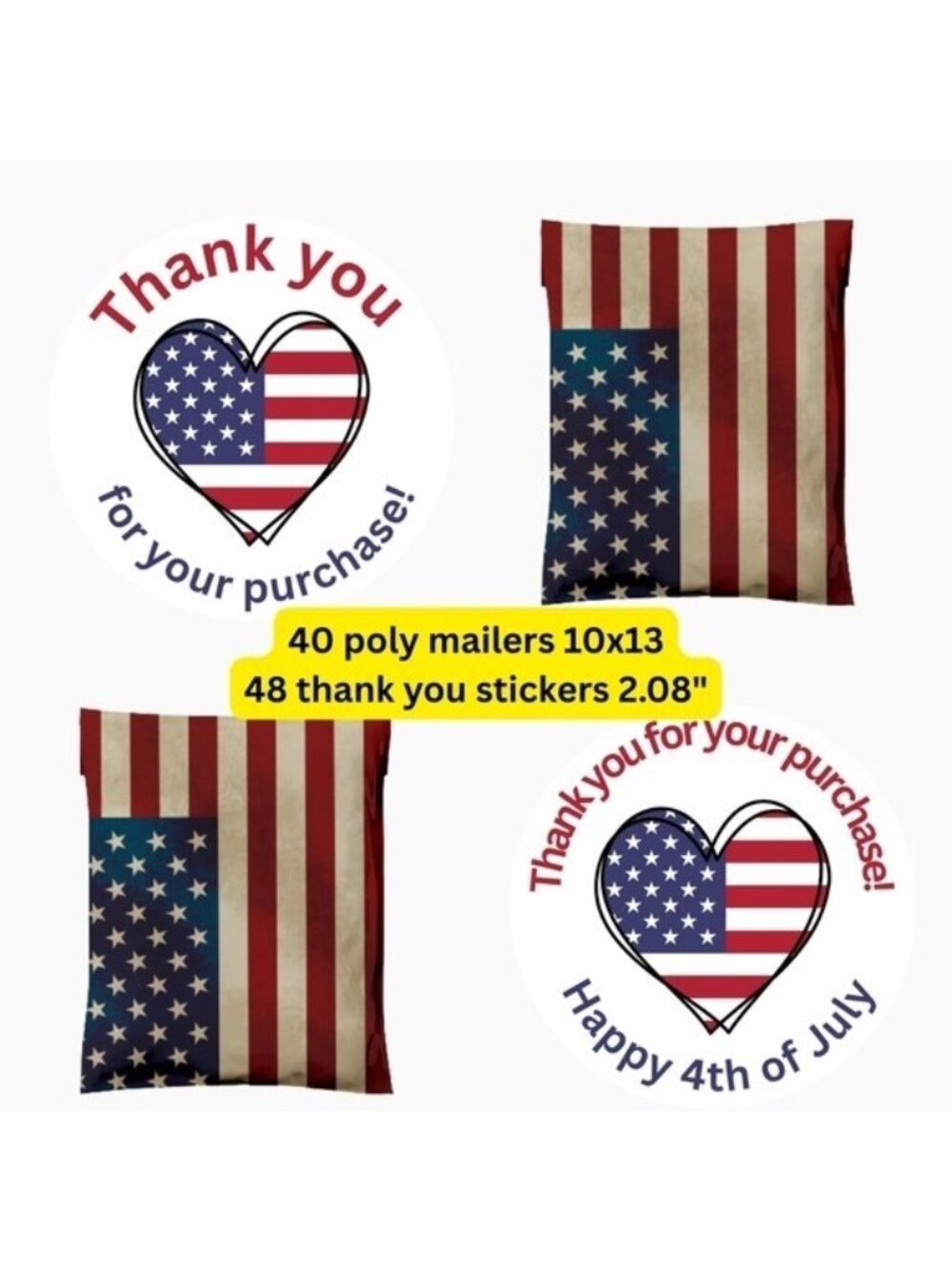 40 Patriotic American Flag Poly Mailers and Stickers Set
